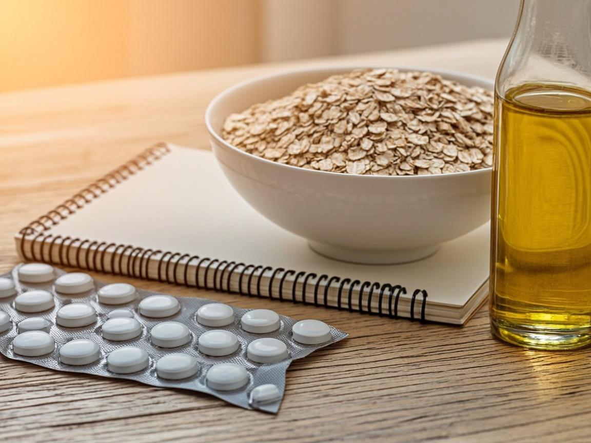 بلیستر آتورواستاتین با دفترچه ثبت چربی خون و غذای سالم قلب — جو دوسر و روغن زیتون