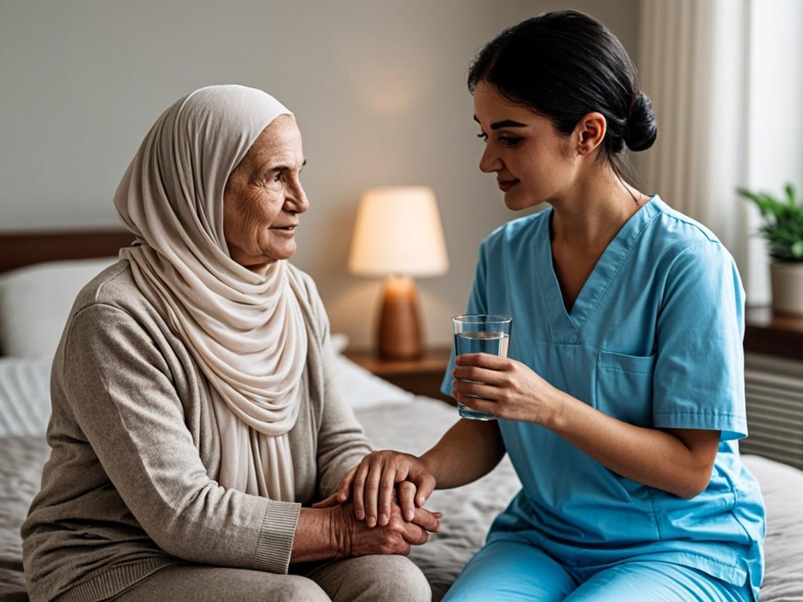گاباپنتین — شبمصرف درد عصبی سالمند با همراهی پرستار در نور آرام اتاق