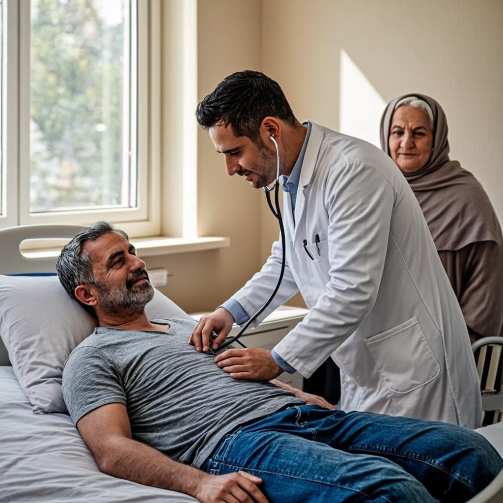 معاینه بیمار بستری در تخت خانگی توسط پزشک در منزل